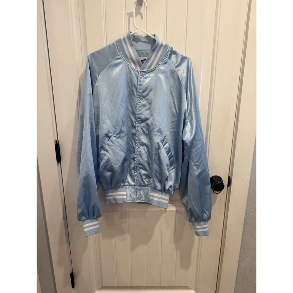 Vintage Club 21 Satin Bomber Jacket Mens XL Baby Blue Varsity 80s 90s